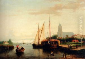 A Moored Haybarge And Other Shipping By A Bleach Field by Abraham Hulk Senior