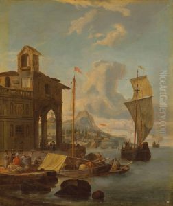 A Mediterranean harbour with figures loading cargo, a mountain beyond by Abraham Storck