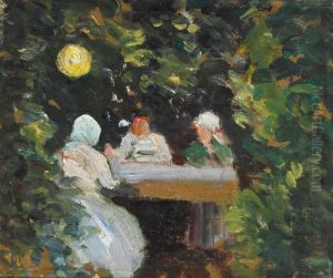 A small gathering around the table in the light of the Chinese lantern a summer evening in the garden