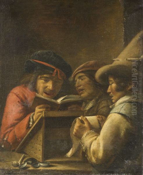 Three young men making music - view 1