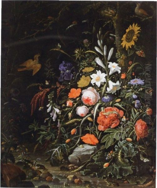 Roses, lilies, foxgloves and other flowers with birds and insects, frogs and a mouse by a woodland stream - view 1