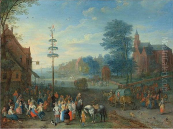 A village kermesse with figures dancing around a maypole - view 1