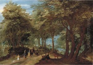Boslandschap met een elegant gezelschap by Denis van Alsloot