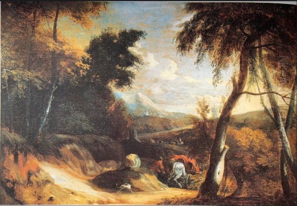 A wooded landscape with travellers on a sandy path - view 1