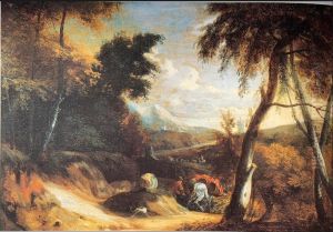 A wooded landscape with travellers on a sandy path