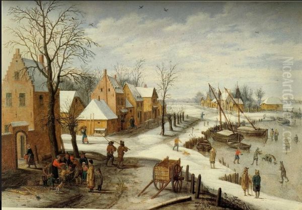 Winter landscape with a village on a frozen river - view 1