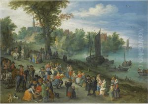 View of a village near a river, with figures at a landing place by Jan Brughel