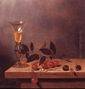 Facon de Venise wine glass and cherries on wooden table by Jan Jansz van de Velde