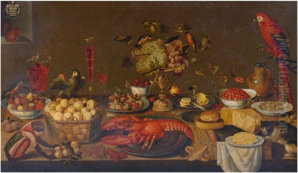 Large banquet still life with lobster, fruits, wine glasses, porcelain and pewter plates, birds, monkey, squirrel and cat - view 1