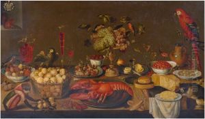 Large banquet still life with lobster, fruits, wine glasses, porcelain and pewter plates, birds, monkey, squirrel and cat