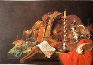 Vanitas still-life with books, skull, watch, writing utensils and silverware by Joannes Costers