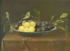 Stilleven van pruimen in een porseleinen schaal by Jacob van Es