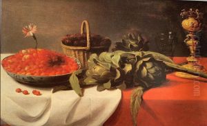 Still life with fruit, artichokes, and a columbine cup by Jacob van Es