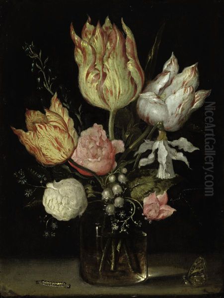 Still life of flowers in a glass vase en a caterpillar and a butterfly - view 1