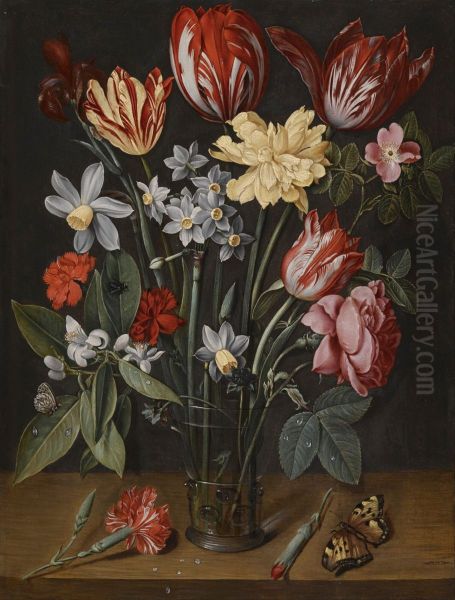 Still life with tulips, daffodils, carnations and other flowers in a vase, all resting on a wooden ledge with butterflies and a fly - view 1