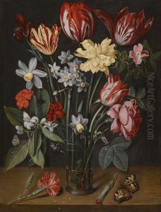 Still life with tulips, daffodils, carnations and other flowers in a vase, all resting on a wooden ledge with butterflies and a fly by Jacob van Hulsdonck