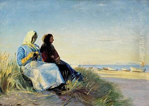 To fiskerkoner pa en klit ved Skagen Sonderstrand. by Michael Peter Ancher