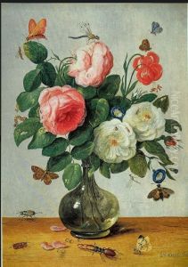 Glass vase with roses and other flowers against a white background by Jan van Kessel the Elder
