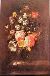 Bloemstilleven in een glazen vaas met tulpen en rozen