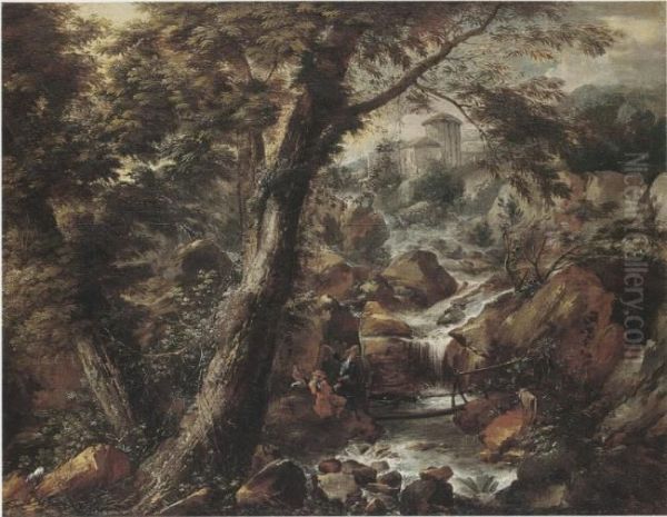 Landscape with a company on a bridge crossing a water fall - view 1