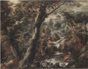 Landscape with a company on a bridge crossing a water fall by Philips Augustijn Immenraet