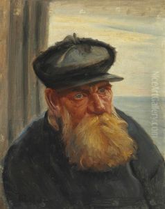 An old fisherman in a doorway with the sea in the background, Skagen by Michael Peter Ancher