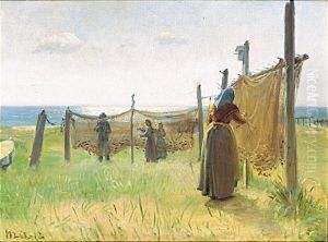 Fisher women mending the nets at Skagen. by Michael Peter Ancher