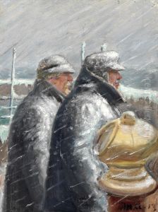 Lodsen pa broen, snestorm. by Michael Peter Ancher