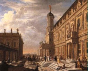 The forecourt of a palace with numerous figures by Hieronymus Janssens