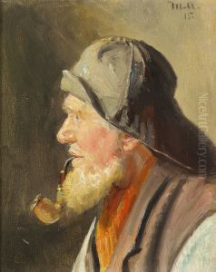 A fisherman with pipe and sou'wester. A fisherman with pipe and sou'wester.