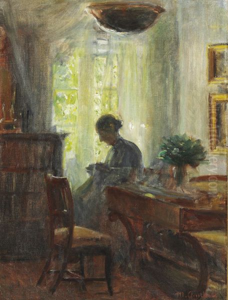 Interior from the artist's home. Anna Ancher at her needlework - view 1