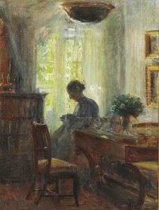 "Interieur fra Kunstnerens Hjem. Fru Anna Ancher ved Sytojet" by Michael Peter Ancher