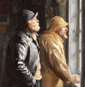 Two fishermen from Skagen at the window in the grocery