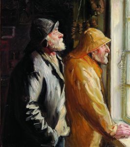 Two fishermen from Skagen at the window in the grocery (study)