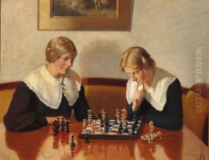 Helga Ancher and Engel Saxild playing chess in the home on Markvej in Skagen. by Michael Peter Ancher
