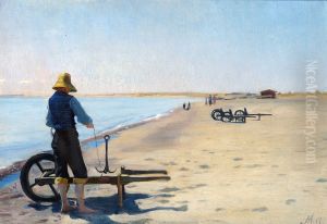Repairing the anchor a summer's day at Skagen Beach, Denmark. by Michael Peter Ancher