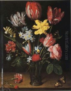 Still life with tulips, daffodils, carnations and other flowers in a vase