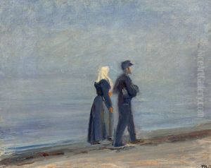 En fisker og hans kone gaende pa Skagen strand. by Michael Peter Ancher