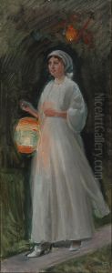 Fra en fest. En ung pige ankommer. Studie. by Michael Peter Ancher