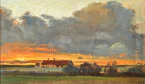 Sunset at Skagen with a view of Rytter Soren's farm. by Michael Peter Ancher