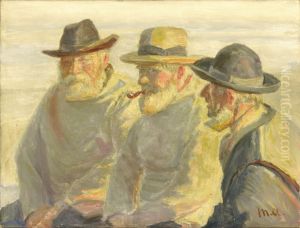 Three fishermen on the beach of Skagen. by Michael Peter Ancher
