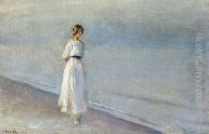 Young woman in a white dress at Skagen Sonderstrand. by Michael Peter Ancher