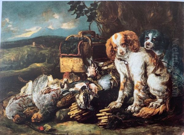 Game birds and bird trap with two dogs - view 1