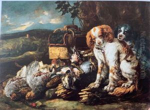 Game birds and bird trap with two dogs
