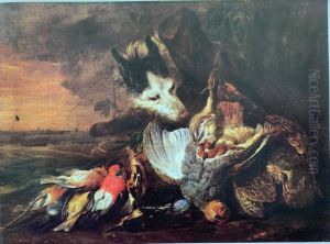Still life of hunting game with a dog