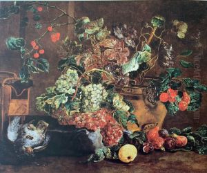 Flowers and fruit with young partridge and bird trap