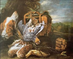 Game still life with a dog in a landscape