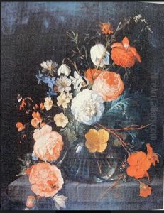 Flowers in a glass vase by Cornelis De Heem