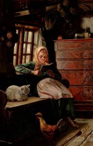 Sunday afternoon in a fishermans cottage. A reading girl. by Michael Peter Ancher