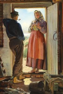 A proposal. Young fisherman and a young woman knitting in a doorway. by Michael Peter Ancher